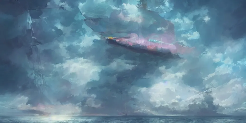 Image similar to a ship sailing high in the clouds, fantasy, trending on artstation, digital art, hyper detailed, hyper colorful