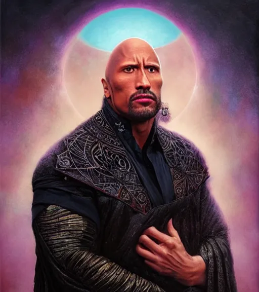 Prompt: A Magical Portrait of Dwayne Johnson as Aleister Crowley the Great Mage of Thelema, art by Tom Bagshaw and Wayne Barlowe and John Jude Palencar