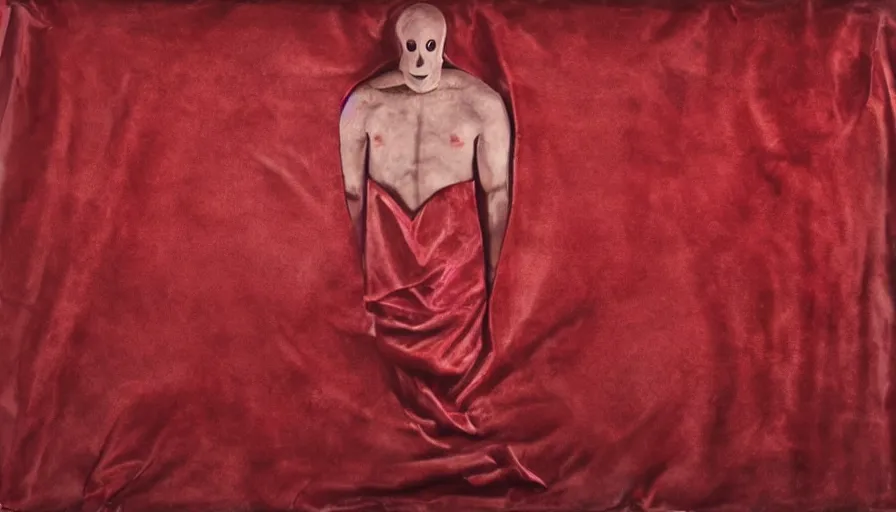 Image similar to rendering of invisible man wrapped in red velvet sheet. surrounded by darkness