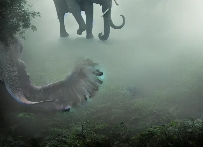 Image similar to an elephant octopus chimera, in a jungle with ominous light from above, great photography, ambient light, fog, river