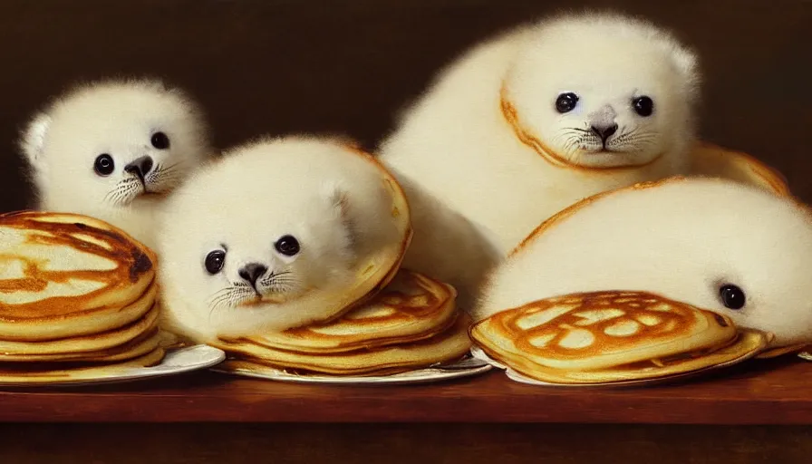 Prompt: highly detailed painting of cute furry white baby seals in a pile of jam pancakes on a table by william turner, by greg rutkowski, by william constable, thick brush strokes and visible paint layers, 4 k resolution