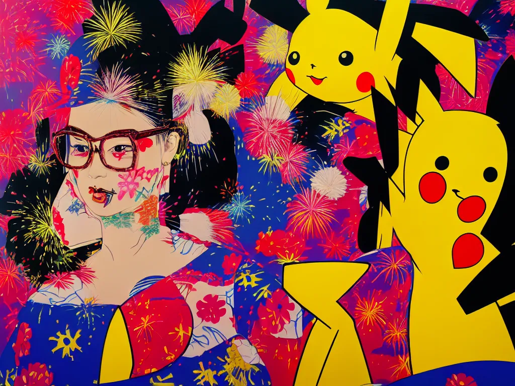 Prompt: hyperrealism composition of the detailed woman in a japanese kimono sitting at a poker table with pikachu, fireworks on the background, pop - art style, jacky tsai style, andy warhol style, acrylic on canvas