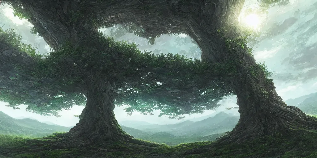 Image similar to a giant tree in the center of a in immense valley, intricate, highly detailed, digital painting, artstation, concept art, smooth, sharp focus, illustration, cinematic, vfx