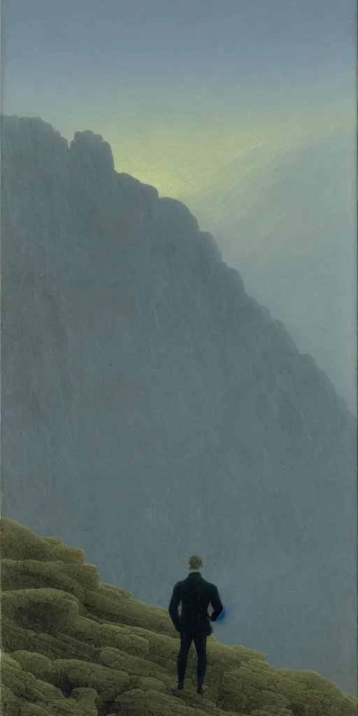 Prompt: small male figure in epic foggy mountainscape, expansive view, dozens of thin glowing straight lines extend from ground into the sky, by Caspar David friedrich