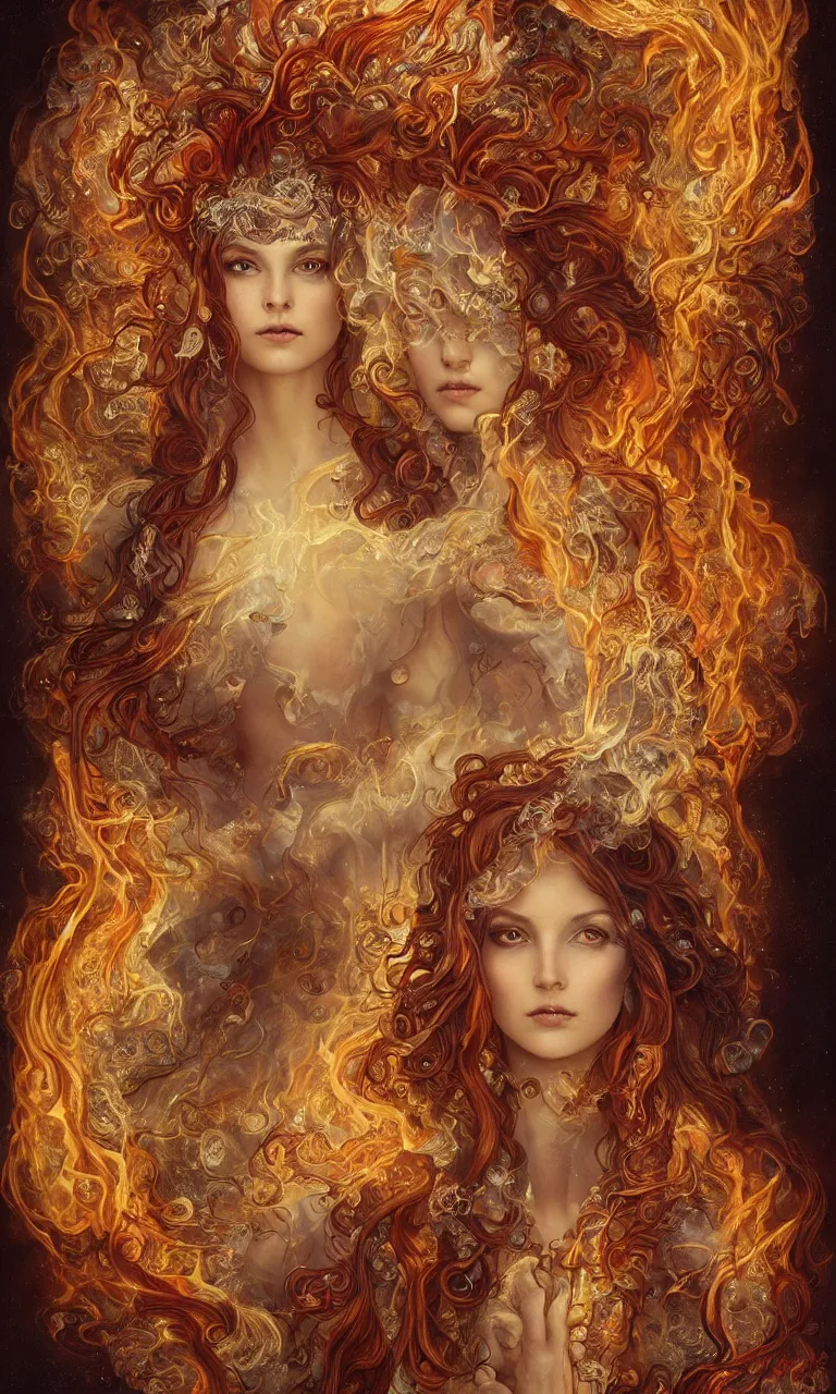 Prompt: ultra realist breathtaking detailed soft painting of a beautiful fire bride, a cosmic nebulae behind her, long fire hair and dress of fireflies, symmetrical facial features, christian saint in the middle of a stained glass of flames, fine intricate art nouveau frame, by Tom Bagshaw, wlop, Alfons Mucha, trending on artstation