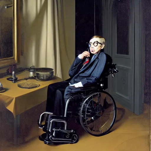 Image similar to stephen hawking in an exoskeleton suit, sci - fi painting by pieter claesz and james c. christensen