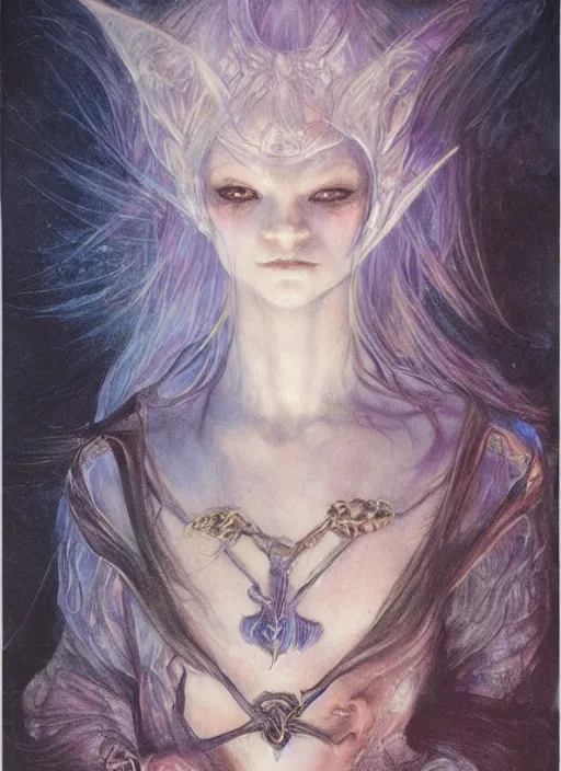 Image similar to portrait of young female sorceress of the endtimes, beautiful! coherent! dungeons and dragons character, by brian froud, strong line, cool night color, high contrast