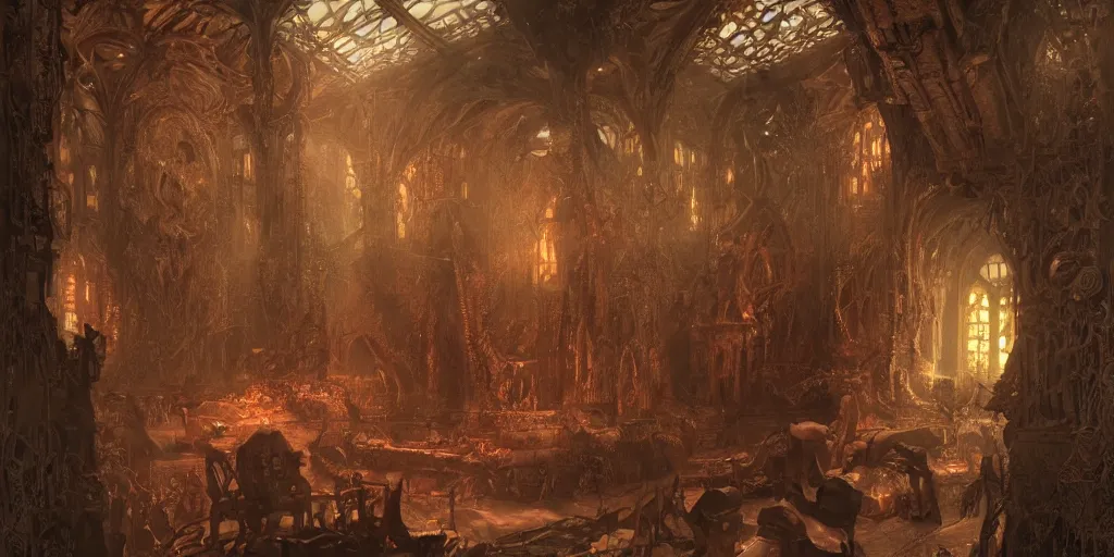 Image similar to ultra realistic illustration,, hell torture chamber interior from doom and warhammer, intricate, elegant, highly detailed, digital painting, artstation, concept art, smooth, sharp focus, illustration, art by artgerm and greg rutkowski and alphonse mucha