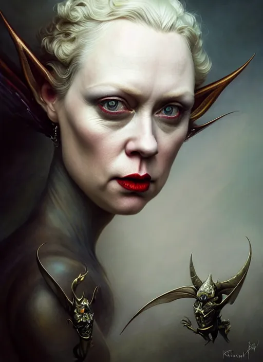 Image similar to gwendoline christie as an devil, aesthetic, fine art, intricate, elegant, highly detailed, realistic hair, centered, digital painting, art station, conceptual art, soft, sharp focus, illustration, artwork, artgerm, tomasz alen kopera, peter mohrbacher, donato giancola, wlop, boris vallejo