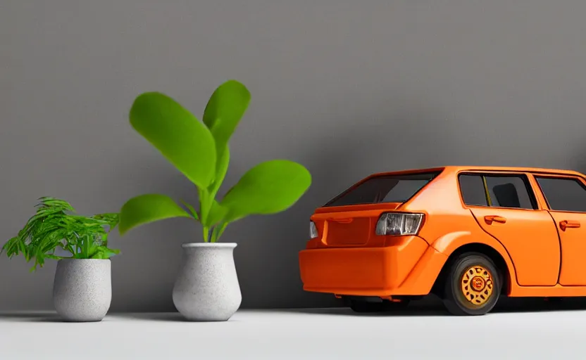 Image similar to a small miniature of a orange Toyota Corolla KE20 on a white table near a book and a vase with a plant, hyperrealistic, concept art, octane render, unreal engine 5, path tracing, complementary colors, calm, relaxing, serene, product photo, centered, symmetrical