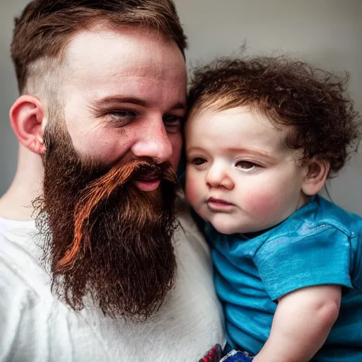 Prompt: a photo of a white man level 1 clipper beard that is happy with his 3 month year old baby boy and his wife with dark hair.