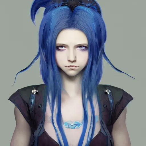 Image similar to portrait of young girl half dragon, dragon skin, blue hair, long hair, highly detailed 3D render, 8k, rpg concept art character, jrpg character, manga, anime, video game character, concept art, by Yoshitaka Amano