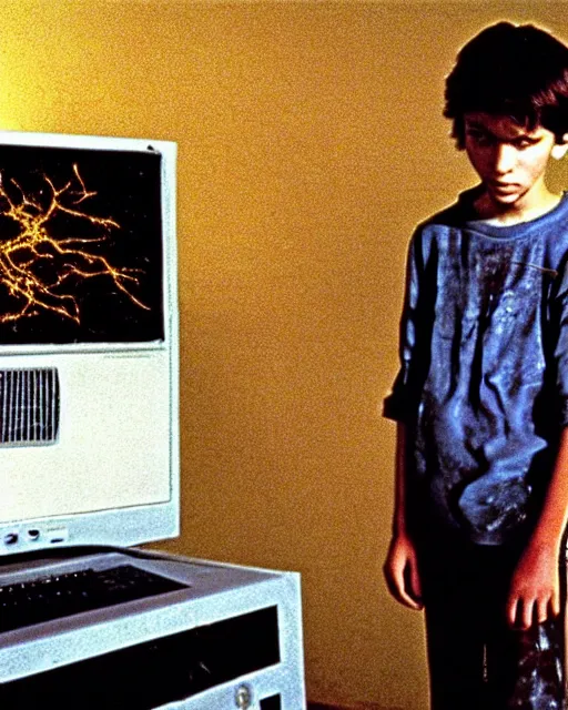 Prompt: an 8 years old enlightened and scared boy standing in front of an old computer from 90s with a game doom2 at the monitor screen. painting by Adrian Ghenie and Willem de Kooning and Cy Twombly, still from a movie by Gaspar Noe and James Cameron