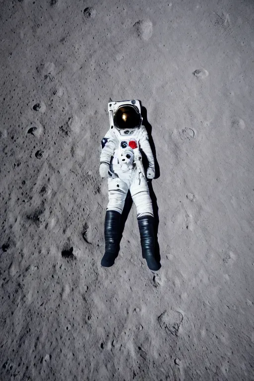 Image similar to afull body photography of an astronaut on the surface of the moon, bottom - view, focus on his foot, photography, photo - shot, shooting, cinematic lighting, 8 k