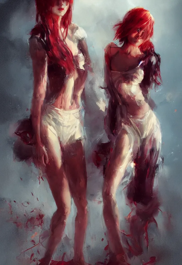 Prompt: full body portrait of a duo of 1 9 years old girl figures, messy hair, oriental tattoos, subjects wearing savile row menswear, beautiful, dramatic, cinematic lighting, few fire red highlights, visible brushstrokes, by ross tran and jeremy mann and guweiz, oil on canvas, artstation, pixiv