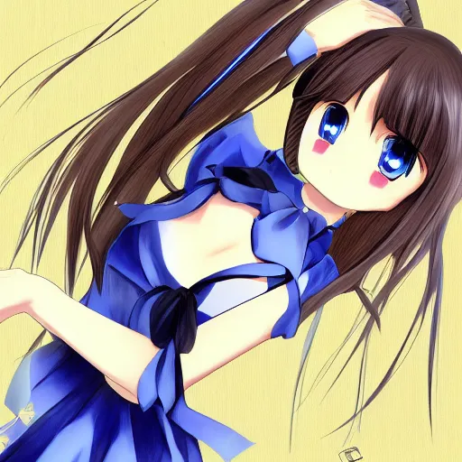 Prompt: a woman in a blue dress with a tie around her neck, an anime drawing by Jin Homura, featured on pixiv, lyco art, pixiv, anime, deviantart hd