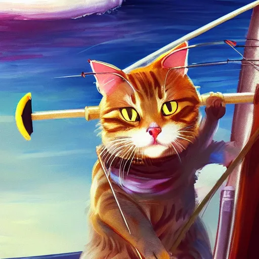 Image similar to concept art of a cat holding a fishing pole while fishing in a boat; vivid; artstation; award winning