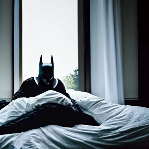 Image similar to man sleeping in bed with white tentacle mask with batman lurking menacingly in the window