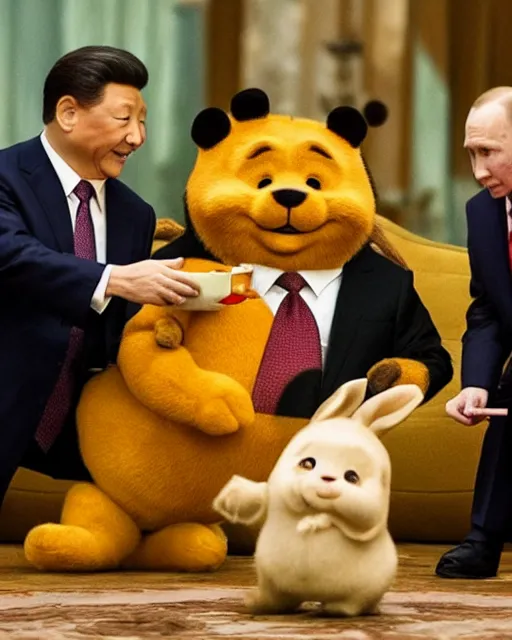 Image similar to movie still of president xi jinping starring as winnie the poo and vladimir putin as rabbit in live action winnie the poo movie, highly detailed, photorealistic