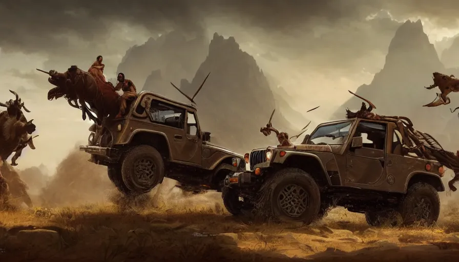 Image similar to mahindra thar, tribe members attacking, action scene, an epic fantasy, wide shot, trending on artstation, masterpiece, by greg rutkowski, by ross tran, by fenghua zhong, octane, soft render, ultrarealistic, colorful, cinematic, horizon forbidden west
