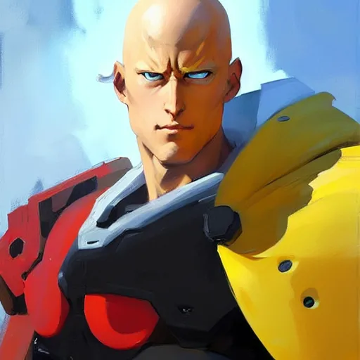 Image similar to Greg Manchess portrait painting of Saitama as Overwatch character, medium shot, asymmetrical, profile picture, Organic Painting, sunny day, Matte Painting, bold shapes, hard edges, street art, trending on artstation, by Huang Guangjian and Gil Elvgren and Sachin Teng