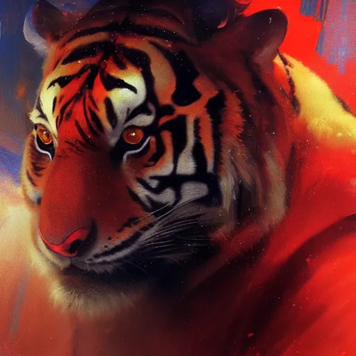 Image similar to hyperrealistic portrait of an athropomorphic tiger wearing heavy combat red - blue armor, bladerunner street, art of elysium by jeremy mann and alphonse mucha, fantasy art, photo realistic, dynamic lighting, artstation, poster, volumetric lighting, very detailed face, 4 k, award winning, cinematic lighting, deviantart, artstation, cg society