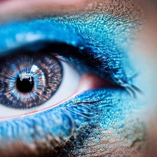 Prompt: macro photo of a eye with big blue iris , detailed, photorealistic , macro photography