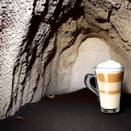 Prompt: a latte, in a dark cave