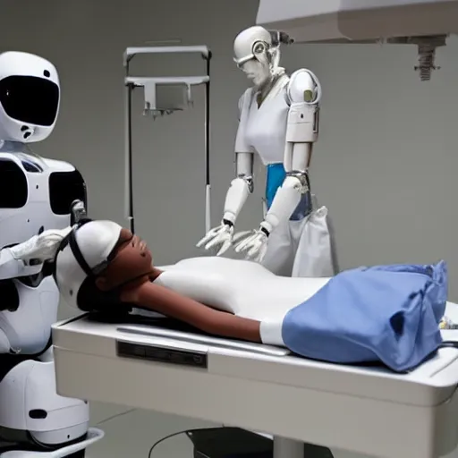 Image similar to realistic. high tech room, all white, sci fi. humanoid robot laying on operating table. female surgeon standing by