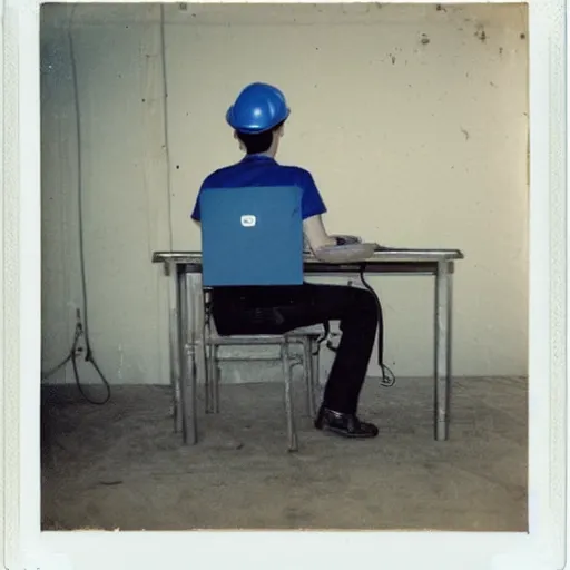 Image similar to a polaroid photo of man using a laptop inside in warehouse, he sitting on chair and small table, he's wearing blue cloth and construction hat, photo from behind, high details, perfect face shape