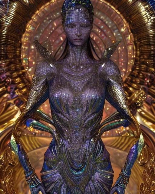 Image similar to a highly detailed metahuman 4 k close up render of an alien goddess bella hadid monument shiva in iris van herpen dress schiaparelli in diamonds crystals swarovski and jewelry iridescent in style of alphonse mucha gustav klimt trending on artstation made in unreal engine 4