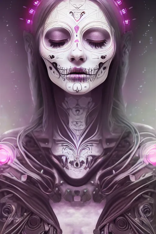 Image similar to ultra detailed female android deity, eyes closed, 8 k, flowerpunk, sci - fi, fantasy, moody, calm, ( dia de los muertos ), asymmetrical, concept art, art by artgerm and giger and michael welan and alphonse mucha and loish and wlop