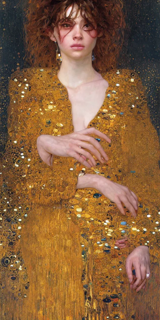 Image similar to an intricate portrait painting of an artistic pose young beautiful elegant angel, klimt golden motives and textures, hyper - detailed, octane render, vivid colors, artstation, by jeremy mann, by gustav klimt