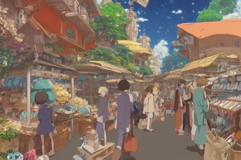 Prompt: Buyers choosing magic animals in magic animals market. 4K digital paint by studio Ghibli Hayao Miyazaki. Very sharp and detailed. Trending on ArtStation and Behance.