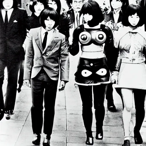 Image similar to 1 9 7 0 s japanese tv show, bw, cyborg monsters walking the streets of shinjuku,