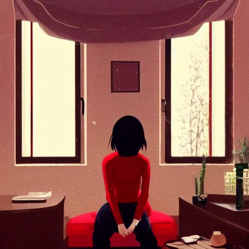 Image similar to a beautiful girl with dark hair, wearing a red turtleneck sweater, sitting in an apartment alone, looking out window at the city, night time, intricate, highly detailed, artstation, official media, anime key visual, mood lighting, sharp focus, art by Makoto Shinkai, Ilya Kuvshinov, Lois Van Baarle, and Rossdraws