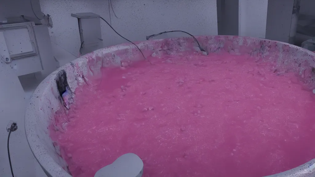 Image similar to a large vat of rotten pink fluid in a laboratory, photorealistic, octane render 8 k uhd