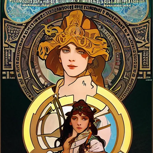 Image similar to incredibly powerful girl, created by alphonse mucha, movie poster style, box office hit, a masterpiece of storytelling, main character center focus, sharp focus, no blur, no text, monsters, mech creatures locked in combat, nuclear explosions paint sky, highly detailed 8 k