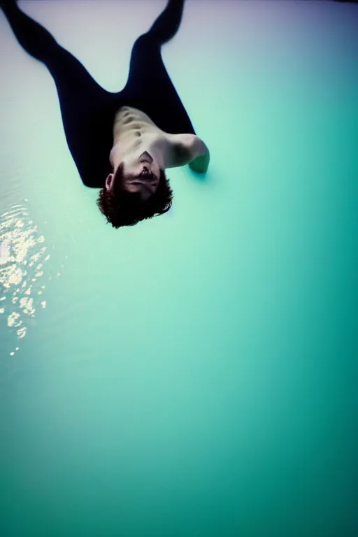 Image similar to high quality pastel coloured film mid angle docu photograph of a beautiful young 2 0 year old male, soft features, short black hair, falling, jumping in an icelandic black rock pool environment. atmospheric. three point light. photographic. art directed. ( pastel colours ). volumetric light. clearcoat. waves glitch. 8 k. filmic.