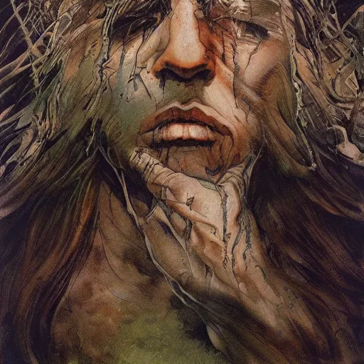 Prompt: tears stream down the face of a man with light brown hair and green eyes. He clutches the ground in agony. By Ayami Kojima, Frank Frazetta, and Anna Dittmann. Masterpiece. Rule of thirds.