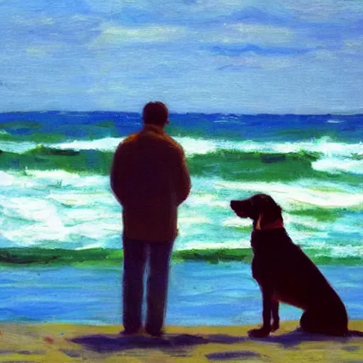 Image similar to a man staring off into the ocean with his dog, impressionist