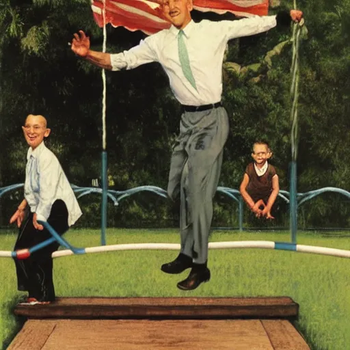 Prompt: benjamin netanyahu jumping a skip rope in a public park by norman rockwell