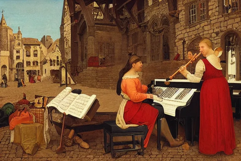 Image similar to a recorder player and a grand piano player on the marketplace, medieval time, masterpiece