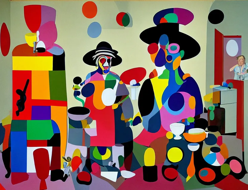 Prompt: a colorful installation sculpture artwork of a old and strange dusty professor in black suite and hat and a old woman making a study of drinking 1 0 cups of black coffee in 5 seconds in a kitchen that is melting, styled by niki de saint phalle and fernando botero