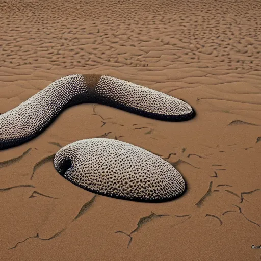 Prompt: a giant trypophobia sand worm attacks warriors in a snowy desert by the artist daniel oldenburg