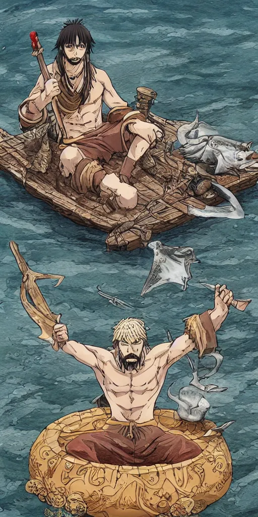 Image similar to a single lone king sitting on a throne floating on water in the middle of a lake drawn by Makoto Yukimura in the style of Vinland saga anime, full color, detailed,