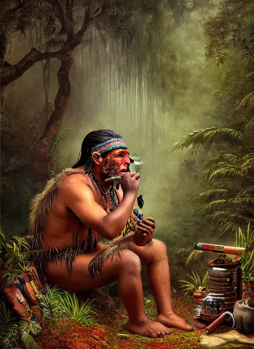 Image similar to a beautiful portrait of an indigenous man sitting in the jungle, surrounded by smoke, smoking a pipe, praying with tobacco, mysterious atmosphere, fantasy art, matte painting, highly detailed