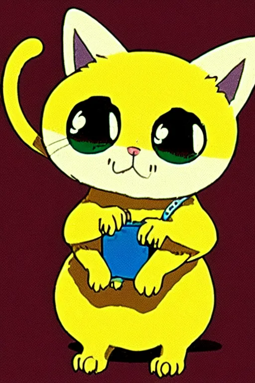 Prompt: a retro videogame showing a small yellow kitten with the belly upwards, studio ghibli anime