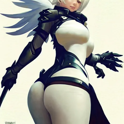 Image similar to greg manchess painting of a 2 yorha type a no. 2 as mercy from overwatch!! in a battlefield fighting, white long hair, large white wings, organic painting, trending on artstation, by huang guangjian and gil elvgren and sachin teng