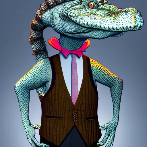 Image similar to anthropomorphic alligator wearing a vest, cinematic lighting, digital art